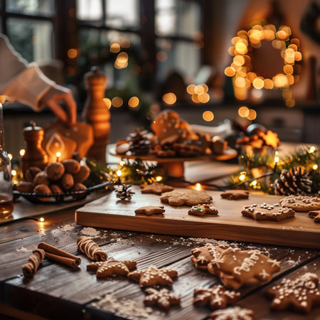 Christmas gingerbread cookies on wooden table in rustic room with christmas lightsの素材