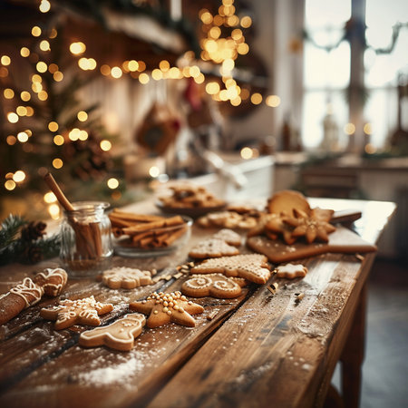 Christmas gingerbread cookies on wooden table in rustic kitchen with christmas tree in backgroundの素材