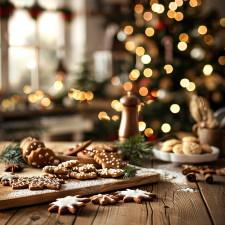 Christmas homemade gingerbread cookies on rustic wooden table with Christmas tree in backgroundの素材