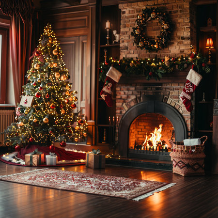 Christmas tree in the living room with a fireplace. Christmas interior.の素材