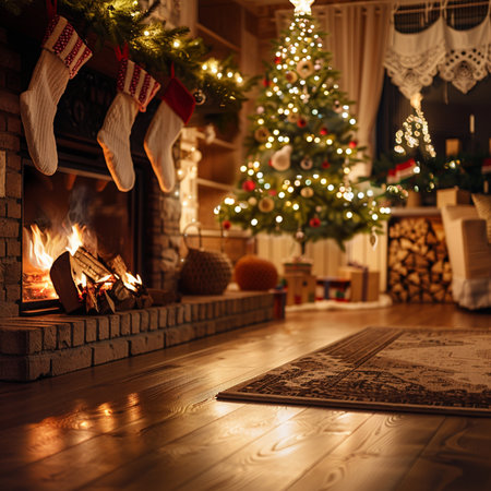 Christmas and New Year background. Christmas tree, fireplace and gifts on the wooden floor.の素材