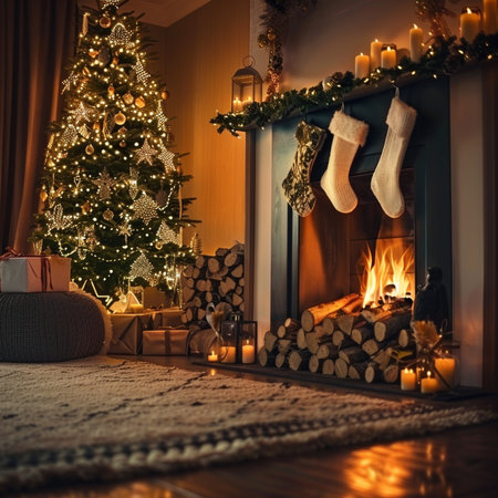 Christmas tree, fireplace and gifts on the floor in the living roomの素材
