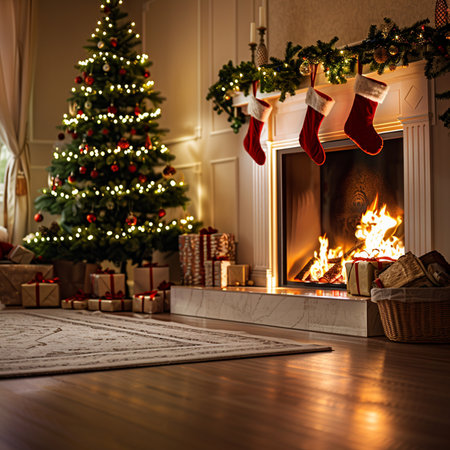 Christmas tree, fireplace and gifts on the floor in the living roomの素材