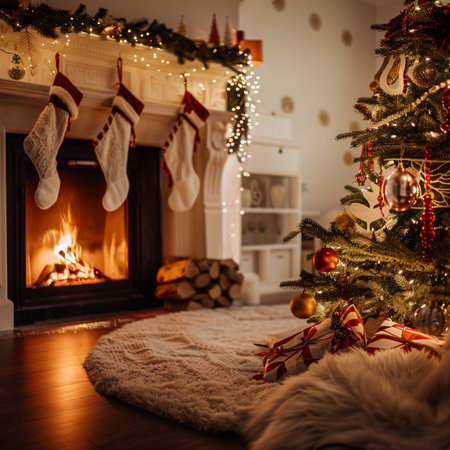 Christmas tree and fireplace in the living room at home. Cozy atmosphereの素材