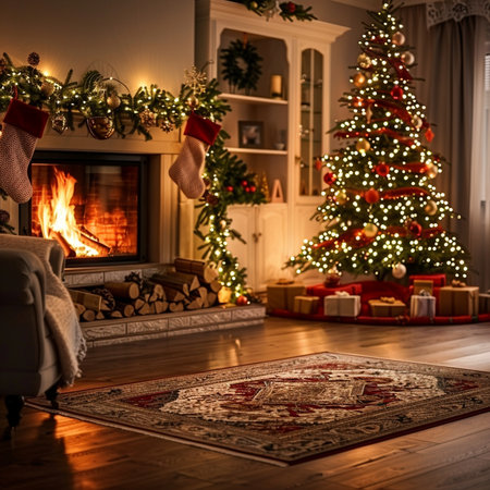 Christmas presents under the tree in a cozy living room with a fireplaceの素材