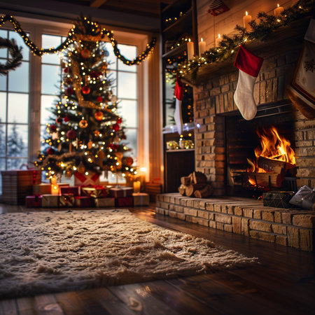 Cozy living room with fireplace, Christmas tree and presents under it.の素材