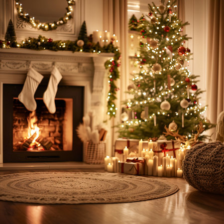 Cozy living room with fireplace and christmas tree on background.の素材