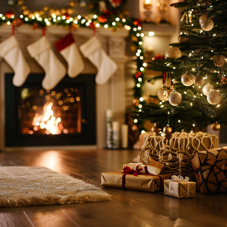 Christmas presents under the tree in a cozy living room with a fireplace.の素材