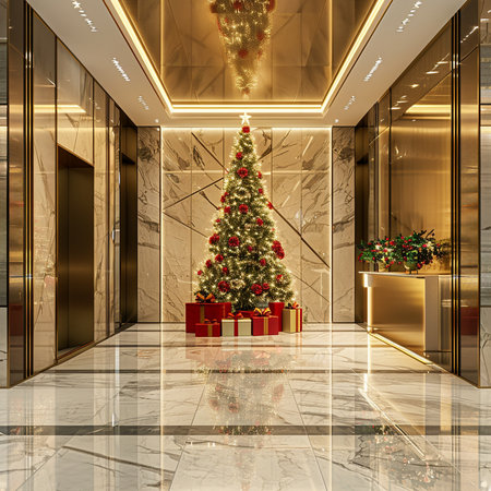 3d render of christmas tree and gifts in luxury hotel lobbyの素材