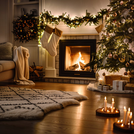 Interior of a cozy living room with a Christmas tree and fireplaceの素材