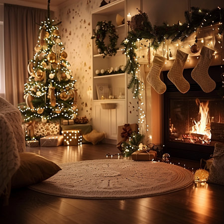 Christmas tree, fireplace and gifts on wooden floor in living room at homeの素材