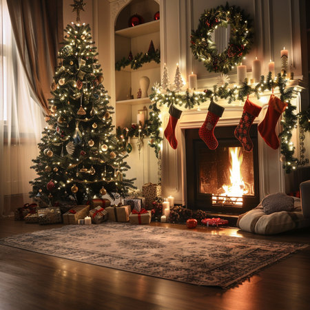 Beautiful Christmas tree and fireplace in the living room at home.の素材