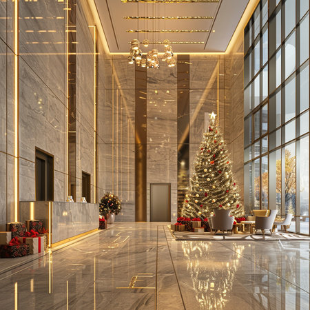 3d rendering luxury hotel lobby with christmas tree and decorations.の素材