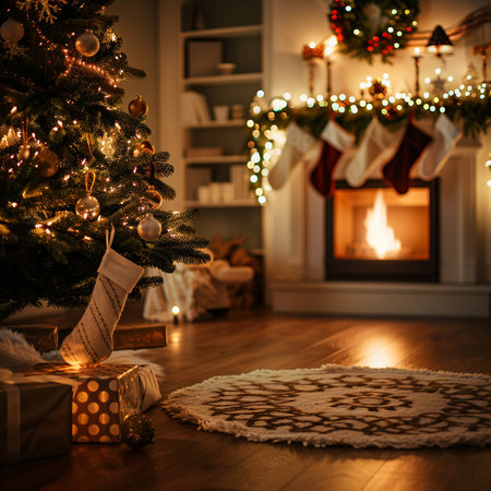 Christmas tree with gifts in the living room with a fireplace in the backgroundの素材
