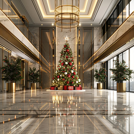 3d render of christmas tree with presents in luxury hotel lobbyの素材