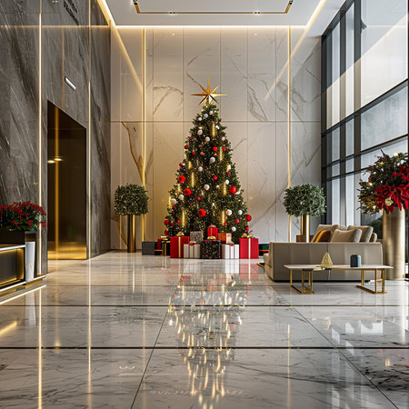 3d render of christmas tree in luxury living room with marble floorの素材