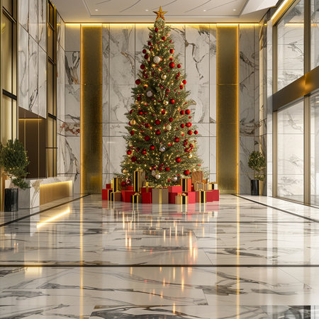 Contemporary coworking office interior with Christmas tree and city view. 3D Renderingの素材