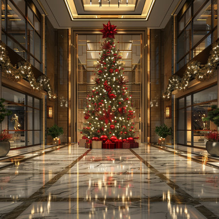 3D render of a Christmas tree in the lobby of a hotelの素材