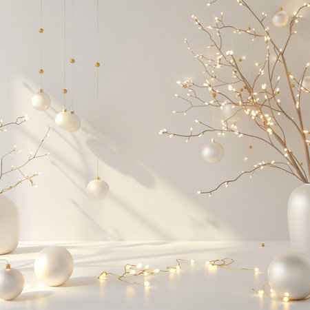 Christmas background with balls, garland and tree. 3d renderの素材