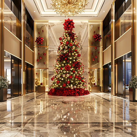 3d render of Christmas tree in the lobby of a luxury hotelの素材