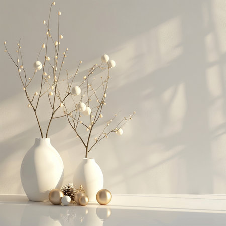 3d render, white vase with dry branches, balls on a white backgroundの素材