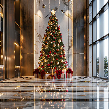 Christmas tree with gifts in the lobby of the modern building. 3d renderingの素材