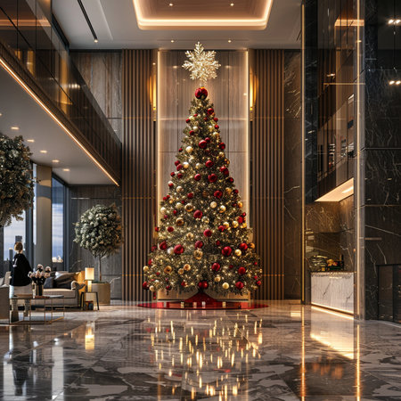 3d rendering Christmas tree in luxury hotel lobby with lights and reflectionsの素材