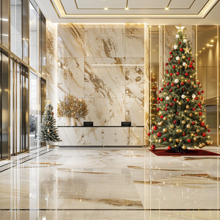 3d rendering Christmas tree in the modern living room with marble floorの素材