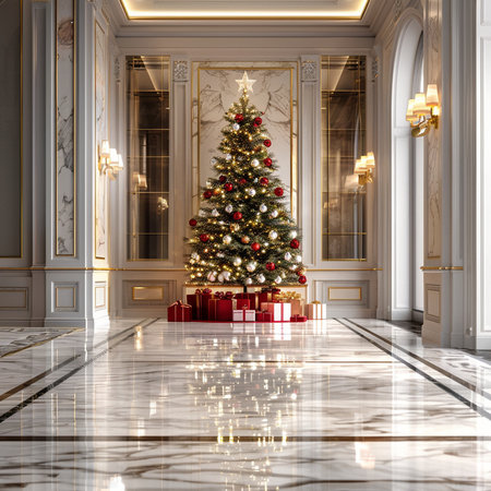 Christmas tree with gifts in a classic interior. 3D rendering.の素材