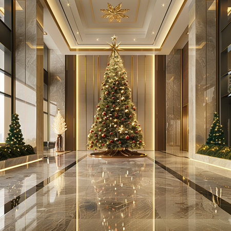 3d rendering christmas tree with gold ornament in luxury hotel lobbyの素材