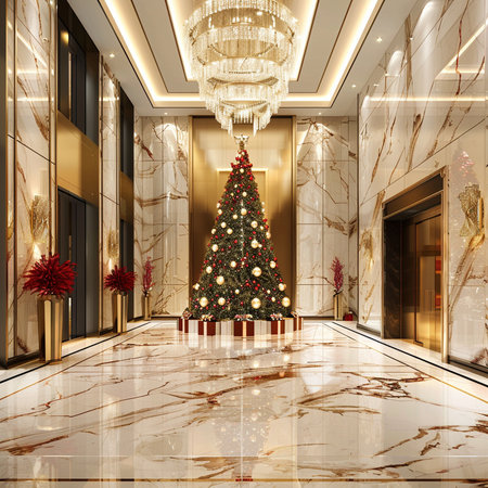 3d render of christmas tree in hotel corridor with golden lightsの素材