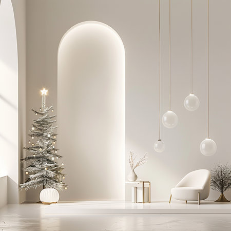 Christmas tree in white room with arch, armchair and decorations. 3d renderの素材