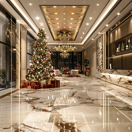 3d rendering luxury hotel lobby and lounge with Christmas tree and decorationsの素材