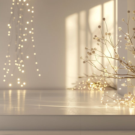 3D render of a white marble floor in a room with Christmas decorationsの素材