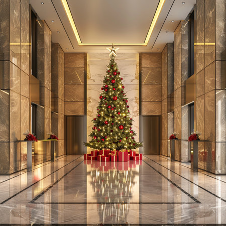 3d rendering christmas tree in hotel lobby with luxury interior designの素材