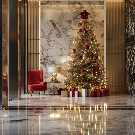 3d render of christmas tree with presents and red armchairの素材