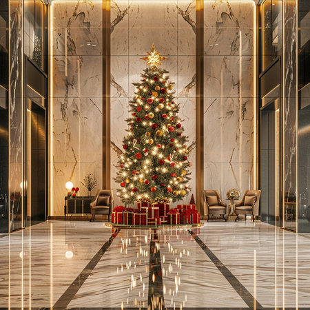 Christmas tree with gifts in the living room at night. 3d renderingの素材