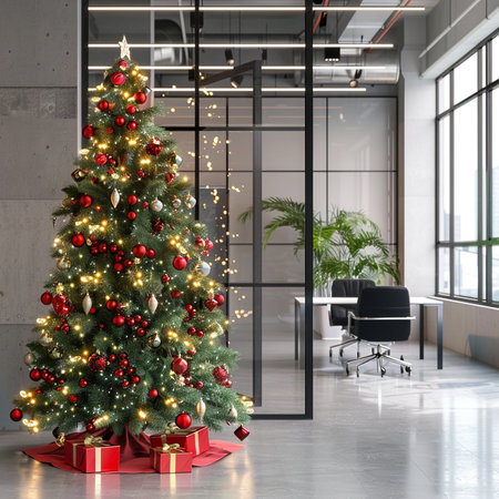 modern office interior with decorated christmas tree and presents 3D renderingの素材