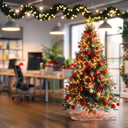 Decorated Christmas tree in modern office interior. 3D renderingの素材