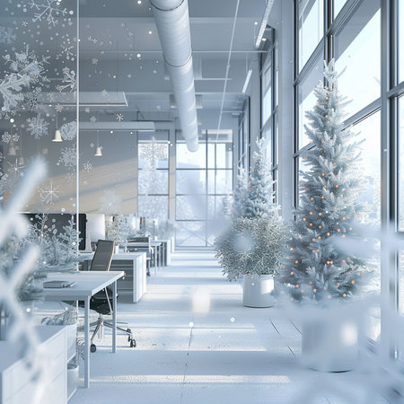 Modern office interior with Christmas tree and snow. 3D Renderingの素材