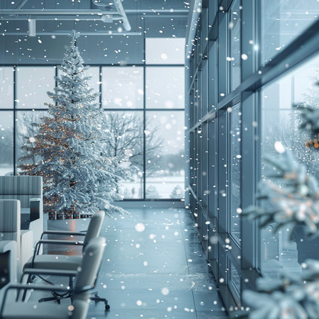 modern office interior with christmas tree and snow. 3d renderingの素材