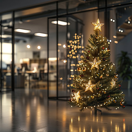 3d rendering christmas tree with gold star and lights in modern officeの素材