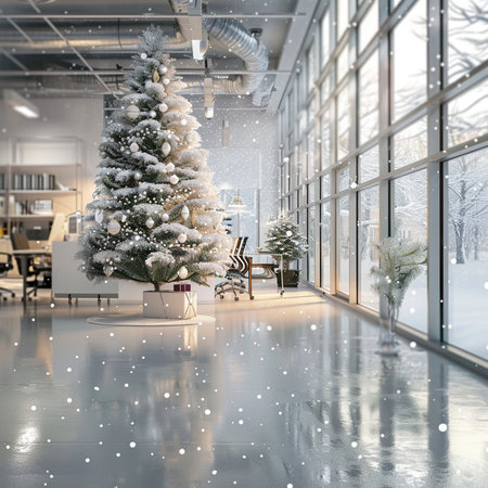modern office interior with christmas tree and snowflakes. 3d renderingの素材