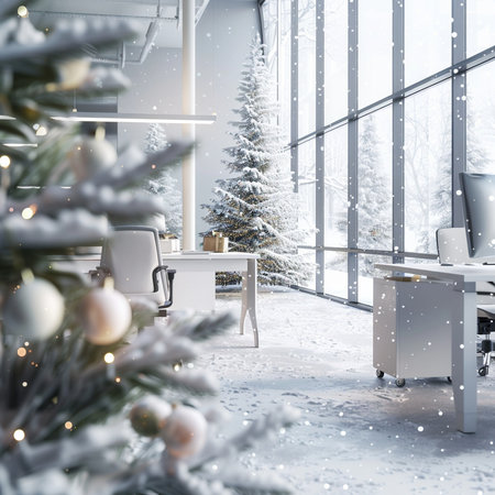 modern white office interior with christmas tree and presents 3D renderingの素材