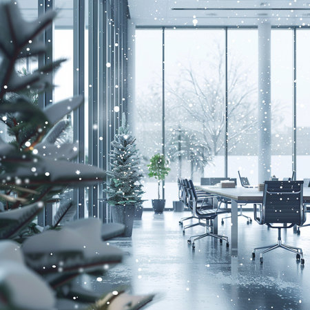 modern office interior with christmas tree and snowflakes. 3d renderingの素材