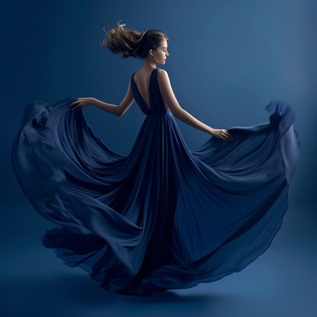 Fashion shot of a beautiful woman in a long blue dress.の素材