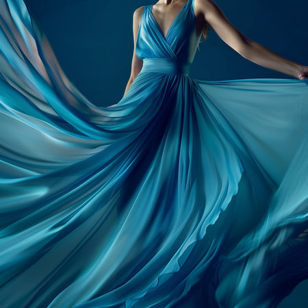 Fashion shot of a beautiful woman in a long blue dress.の素材