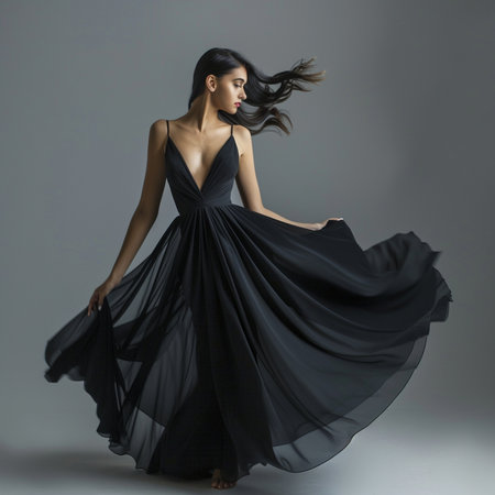 beautiful brunette girl in a long black dress, studio shotの素材