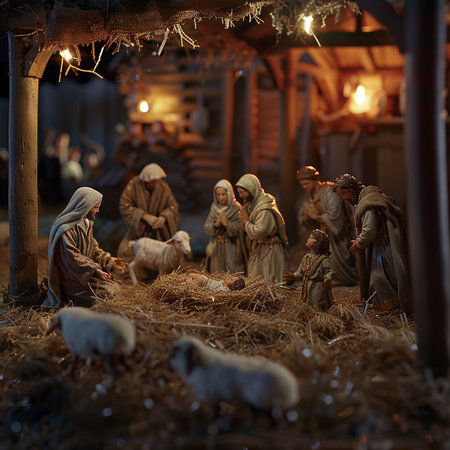 Nativity Scene with Mary, Joseph and baby Jesus in a stableの素材