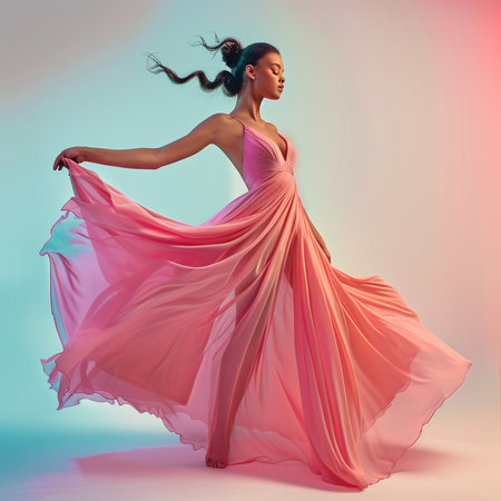 Beautiful young woman in a flying pink dress. Studio shot.の素材